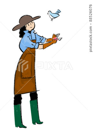 一個女人園藝和一隻可愛的鳥的插圖 一個女人園藝和一隻可愛的鳥的插圖 88526076