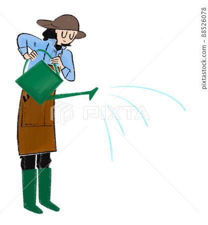 Illustration of a woman holding a watering can and sprinkling water 88526078