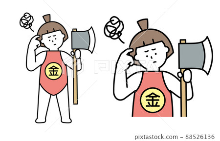 Illustration material of old tale Kintaro (child) with Masakari who is worried about scratching his head with his finger. Illustration material of old tale Kintaro (child) with Masakari who is worried about scratching his head with his finger. 88526136