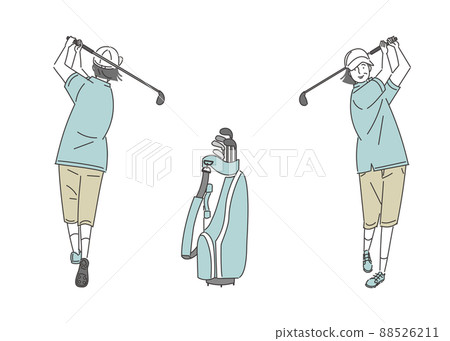 A set of golf bags with an elderly woman playing golf 88526211