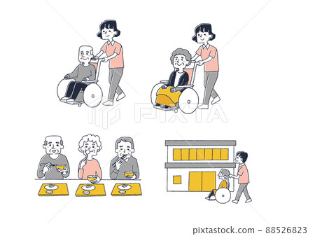老年人住宅生活插圖集與關懷漫畫手寫人矢量、線條畫和顏色 88526823