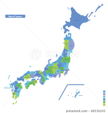 日本，日本列島的地圖我嘗試在下雨天按顏色進行顏色編碼（英文版） 88530245