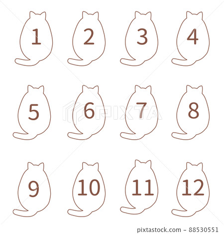 Illustration material of the back of a simple cat 1 to 12 number set chubby Illustration material of the back of a simple cat 1 to 12 number set chubby 88530551
