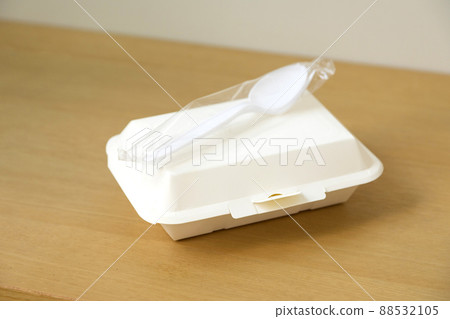 Eco-friendly disposable food box and tableware for fast food on table. 88532105
