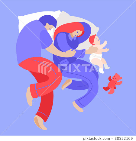 Happy family nap. Mother, father and baby sleeping together on bed top view. Happy family nap. Mother, father and baby sleeping together on bed top view. 88532169