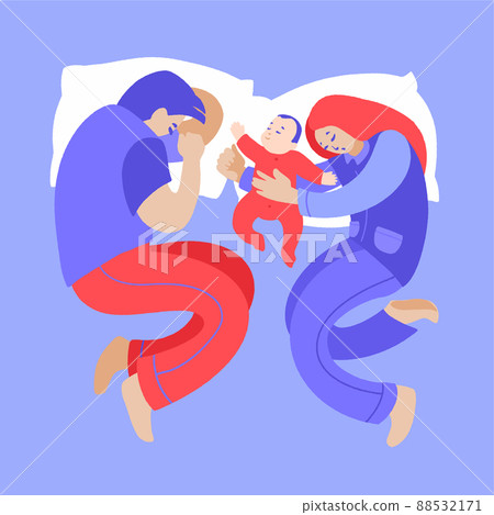 Happy family nap. Mother, father and baby sleeping together on bed top view. 88532171