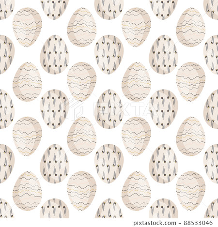 Happy Easter seamless pattern with eggs. Print of the Christian Spring Holiday. Festive decoration drawn in black and gold lines with abstract elements on white background. Vector flat illustration 88533046
