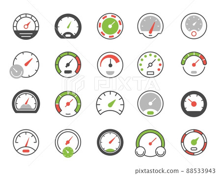 Color speedometer icons. Speed gauge symbol and download indicator. Vector isolated set 88533943