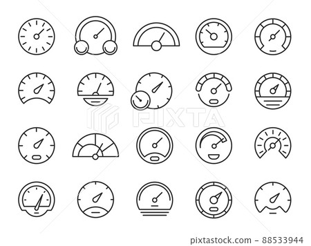 Speedometer line icons. Loading and downloading speed indicator, minimalistic outline tachometer gauge. Vector set 88533944