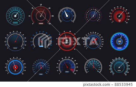 Car speedometers set. Speed measurement automobile indicator, futuristic display with counter and arrow. Vector set 88533945