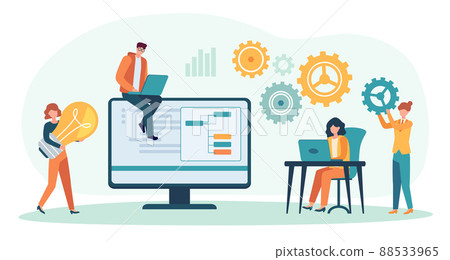 Business people working together in team. Office workers collaborating, woman generating ideas, man working on laptop Business people working together in team. Office workers collaborating, woman generating ideas, man working on laptop 88533965