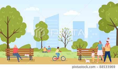 People walk in public park. Family going with children and dog pet eating ice cream. Kid riding bicycle, couple sitting on grass 88533969