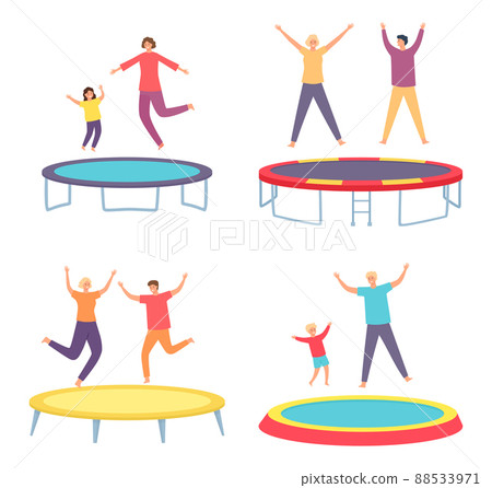 People jump on trampoline. Young man and woman and kids having fun and bouncing. Parent and kid leading active lifestyle 88533971