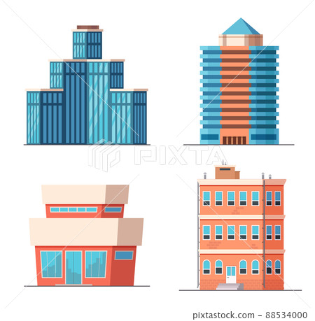 Cartoon office city buildings, modern skyscrapers, towers and houses with apartments. Business town architecture 88534000
