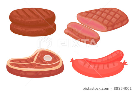 Cartoon meat food. Raw product ingredients as patty, steak and sausages for butchery store. Organic meat 88534001