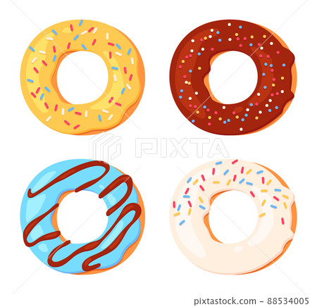 Cartoon donuts with colorful icing. Doughnuts with different taste topping with sprinkles. Glazed sweet dessert Cartoon donuts with colorful icing. Doughnuts with different taste topping with sprinkles. Glazed sweet dessert 88534005