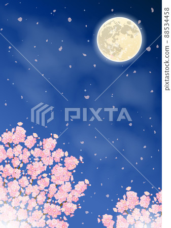 夜間櫻花和滿月的矢量圖解 88534458