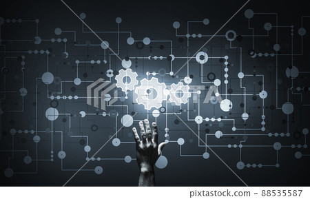 Technology conceptual image with gear digital symbol on dark background Technology conceptual image with gear digital symbol on dark background 88535587