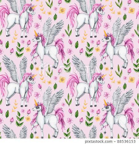 Watercolor pattern with unicorns and flowers Watercolor pattern with unicorns and flowers 88536153
