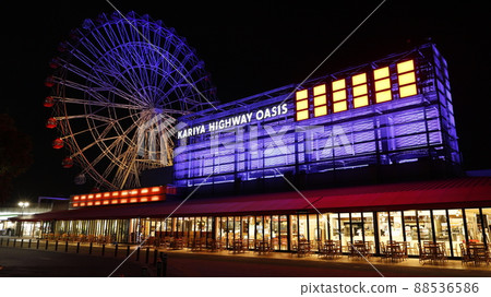 Ferris wheel of Kariya Highway Oasis illuminated in the color of the Ukrainian flag to protest Russia's invasion of Ukraine 88536586