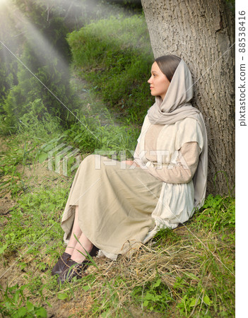 Lone girl sitting at the tree Lone girl sitting at the tree 88538416