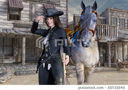 A female sheriff is looking at me with a smile while holding a cowboy hat with a rifle in one hand with her beloved horse. 88538840