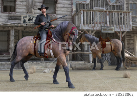 Cowboy walks around the city on a horse with a rifle 88538862