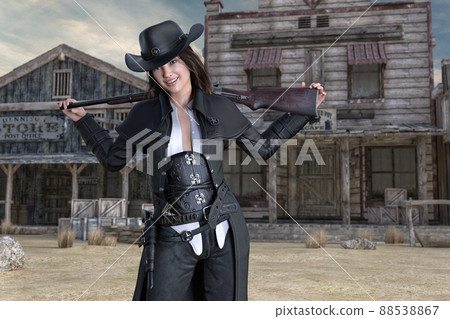 A smiling female sheriff wears a cowboy hat and holds a rifle on her shoulder 88538867