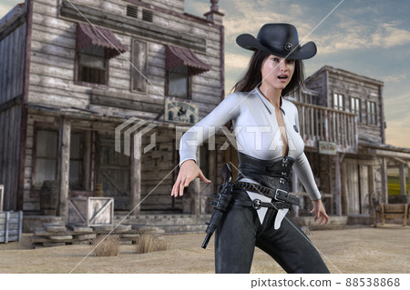 A female sheriff wearing a cowboy hat trying to take a duel on the main street of the city 88538868
