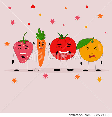 Funny carrot, tomato, strawberry and orange. Vegetable day Funny carrot, tomato, strawberry and orange. Vegetable day 88539083
