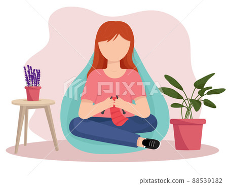 The girl knits. Knitting needles. Flat vector illustration The girl knits. Knitting needles. Flat vector illustration 88539182