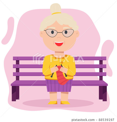 Grandmother knits sitting on a bench. Elderly people 88539197