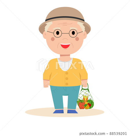Grandfather in a sweater and trousers stands with groceries Grandfather in a sweater and trousers stands with groceries 88539201