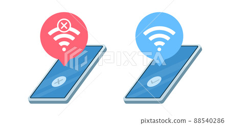 將您的智能手機連接到 Wi-Fi,您將收到連接錯誤。每個矢量插圖。 將您的智能手機連接到 Wi-Fi,您將收到連接錯誤。每個矢量插圖。 88540286