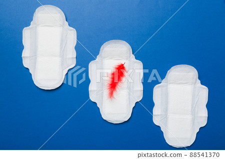 Women hygiene products or Sanitary pad with red feather on colored background. Pastel color. Closeup. Empty place for text. Female daily hygiene 88541370