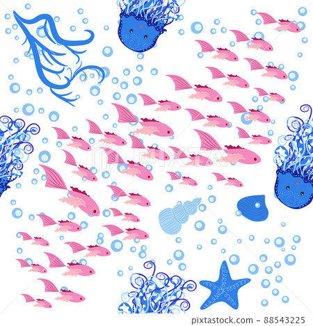 Jellyfish animals bright seamless patterns. Seamless pattern with detailed jellyfish. cute hand drawn fishes and jellyfishes in doodle style. Trendy nursery background. Jellyfish animals bright seamless patterns. Seamless pattern with detailed jellyfish. cute hand drawn fishes and jellyfishes in doodle style. Trendy nursery background. 88543225