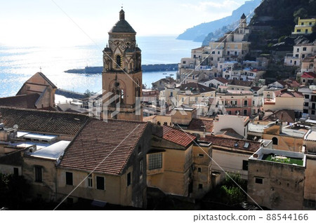 Italy, Amalfi Coast, Amalfi from the hill, Duomo (Cathedral of St. Andrea) Bell Tower, Tyrrhenian Sea 88544166