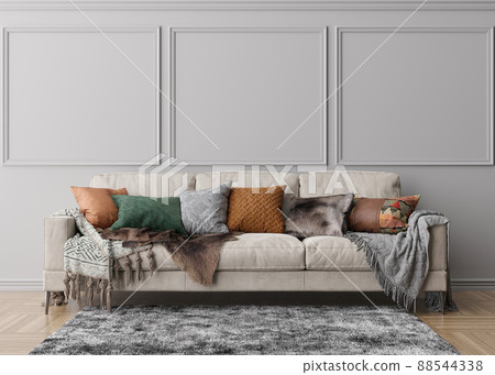 Empty grey wall with moldings in modern living room. Mock up interior in contemporary style. Free, copy space for picture, poster, text, or another design. Sofa, carpet. 3D rendering. 88544338
