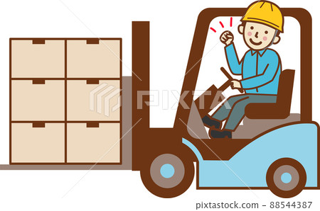 A male worker who carries luggage with a forklift and makes a guts pose. 88544387
