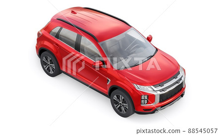 Red compact urban SUV on a white uniform background with a blank body for your design. 3d rendering. Red compact urban SUV on a white uniform background with a blank body for your design. 3d rendering. 88545057