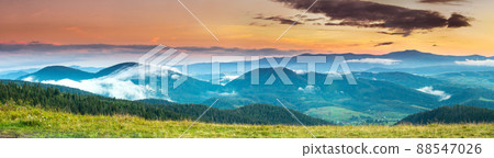 Autumn landscape with fog in the mountains. Fir forest on the hills. Autumn landscape with fog in the mountains. Fir forest on the hills. 88547026