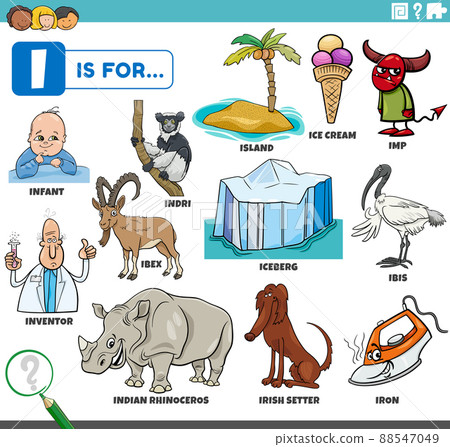 letter i words educational set with cartoon characters letter i words educational set with cartoon characters 88547049