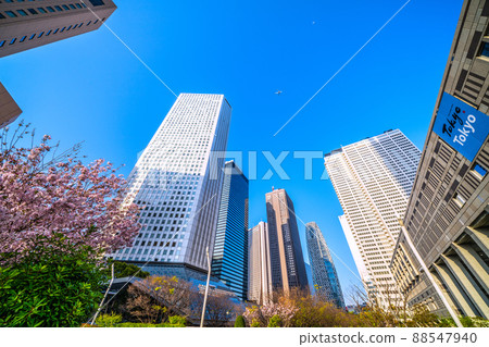Tokyo cityscape of Japan You can see the Tokyo Metropolitan Government Building, cherry blossoms (Gotenbazakura), and aircraft passing over the sky. 88547940