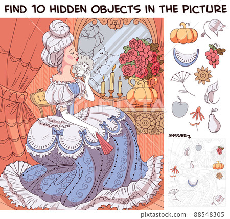 Baroque girl sitting at a dressing table. Find 10 hidden objects in the picture 88548305