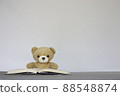 Brown teddy bears sitting on a white background reading a book. Concept back to school, education.And free space for your text. 88548874