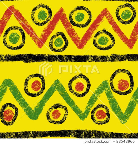 Hand drawn seamless pattern with african geometric ornament design print, Juneteenth freedom 1865 fabric, yellow green red black abstract shapes kente cloth, ethnic background. 88548966