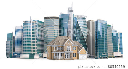 Suburban cottage in urban cityscape. Choise to live in privat building or in flat in skyscraper. Real estate concept. Suburban cottage in urban cityscape. Choise to live in privat building or in flat in skyscraper. Real estate concept. 88550239