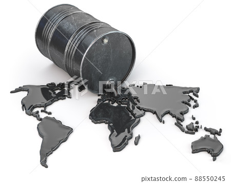 Oil barrel with spilled oil in form of map of the world isolated on white. World oil industry concept. 88550245