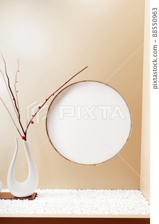 Portrait circle picture frame mockup on beige wall. 3d render Portrait circle picture frame mockup on beige wall. 3d render 88550963