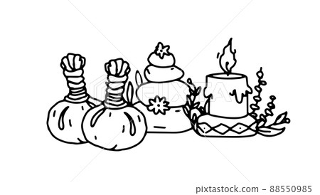 Herbal massage balls with hot massage stones. Ayurvedic Spa composition with massage supplies Herbal massage balls with hot massage stones. Ayurvedic Spa composition with massage supplies 88550985